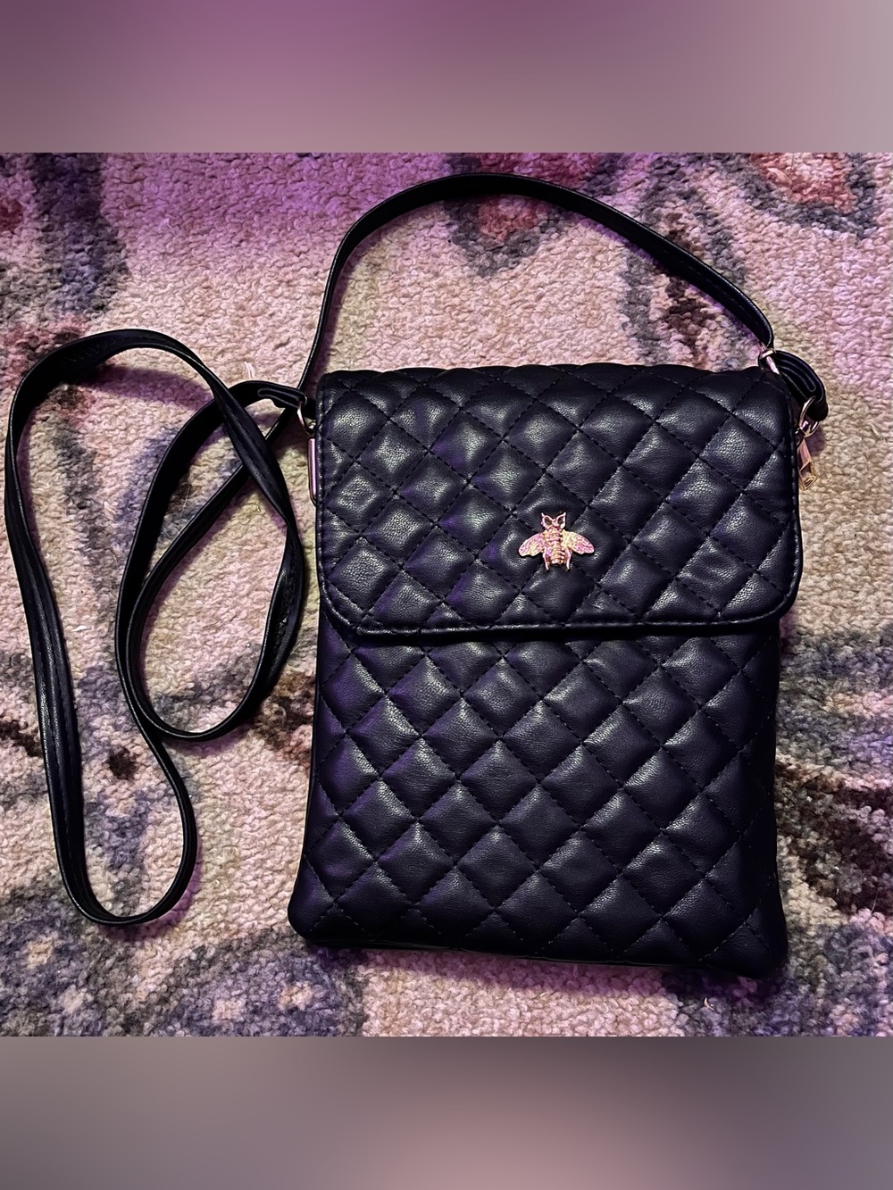 Quilted Black Crossbody Bag with Bee Accent